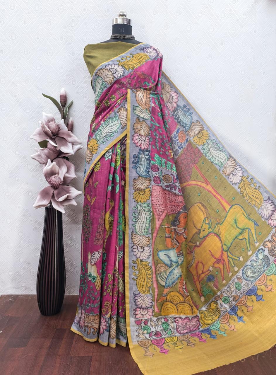 Rani Pink Kalamkari Saree on Raw Artsilk Fabric