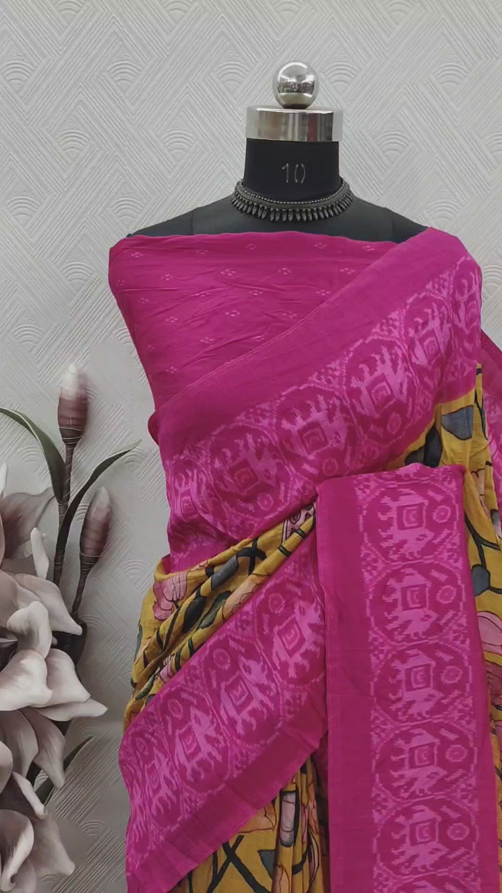 Mustard Color Kalamkari With Pink Patola Print On Matka Silk Fabric
