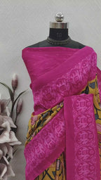 Mustard Color Kalamkari With Pink Patola Print On Matka Silk Fabric