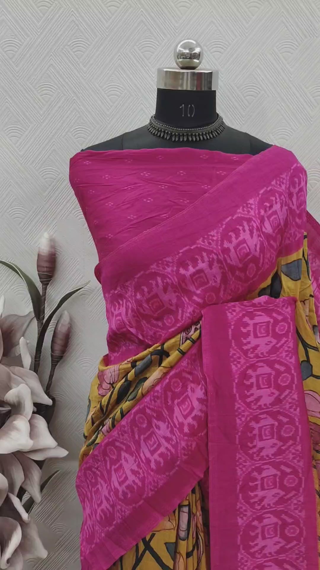 Mustard Color Kalamkari With Pink Patola Print On Matka Silk Fabric