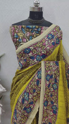Mustard Color Kalamkari With Bandhini On Matka Silk Fabric